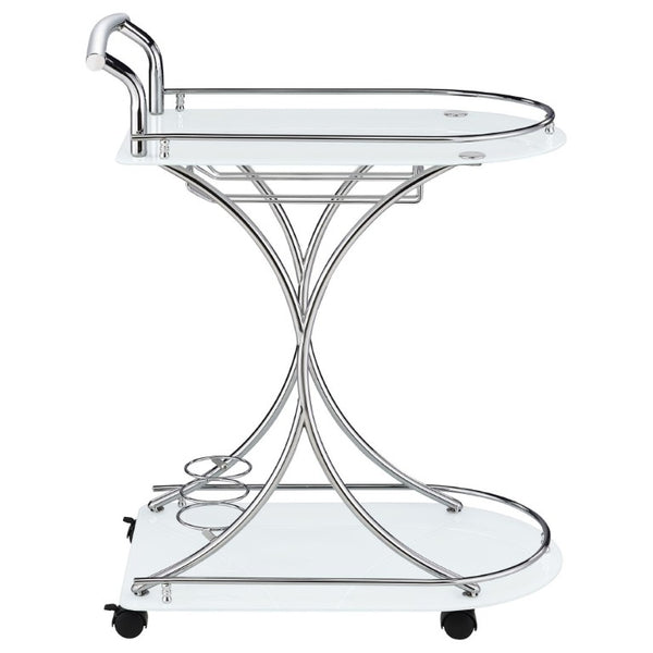 English Elm Allen Two Tier Glass Shelf Rolling Bar Cart in Matte Chrome Metal for Modern Spaces White B2777P535936
