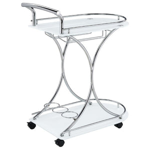 English Elm Allen Two Tier Glass Shelf Rolling Bar Cart in Matte Chrome Metal for Modern Spaces White B2777P535936