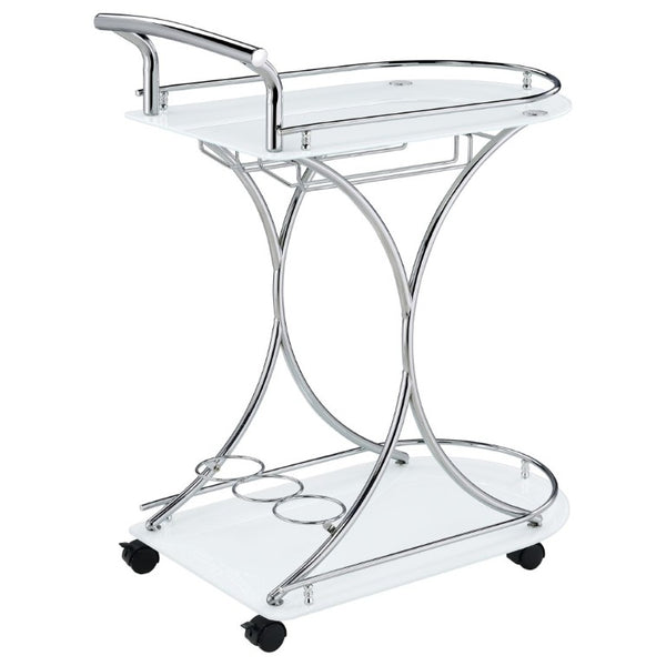 English Elm Allen Two Tier Glass Shelf Rolling Bar Cart in Matte Chrome Metal for Modern Spaces White B2777P535936