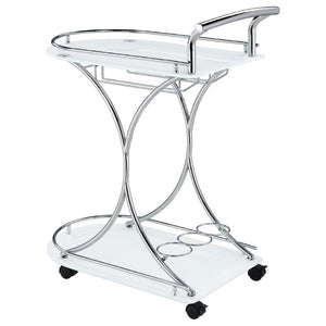 English Elm Allen Two Tier Glass Shelf Rolling Bar Cart in Matte Chrome Metal for Modern Spaces White B2777P535936