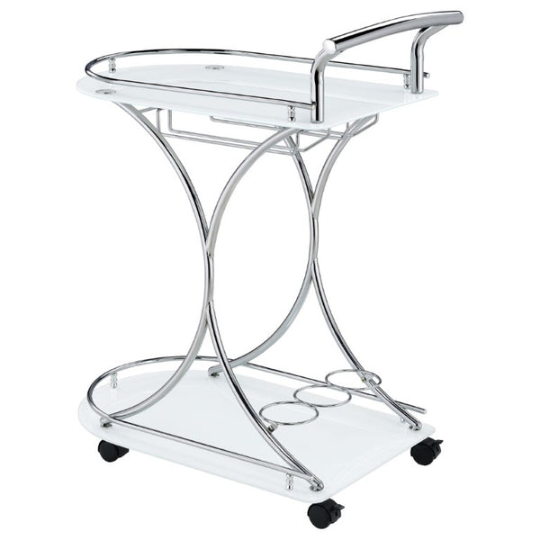 English Elm Allen Two Tier Glass Shelf Rolling Bar Cart in Matte Chrome Metal for Modern Spaces White B2777P535936