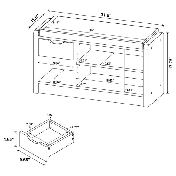 English Elm Astor Entryway Storage Bench with Cushioned Seat Drawer and Adjustable Shelf in Black B2777P535938