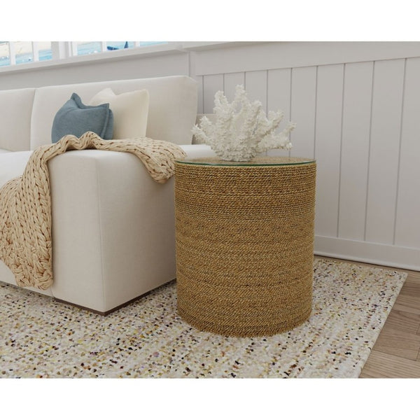 English Elm Burma Woven Seagrass Round Side Table with Tempered Glass Top Bohemian Accent B2777P535939