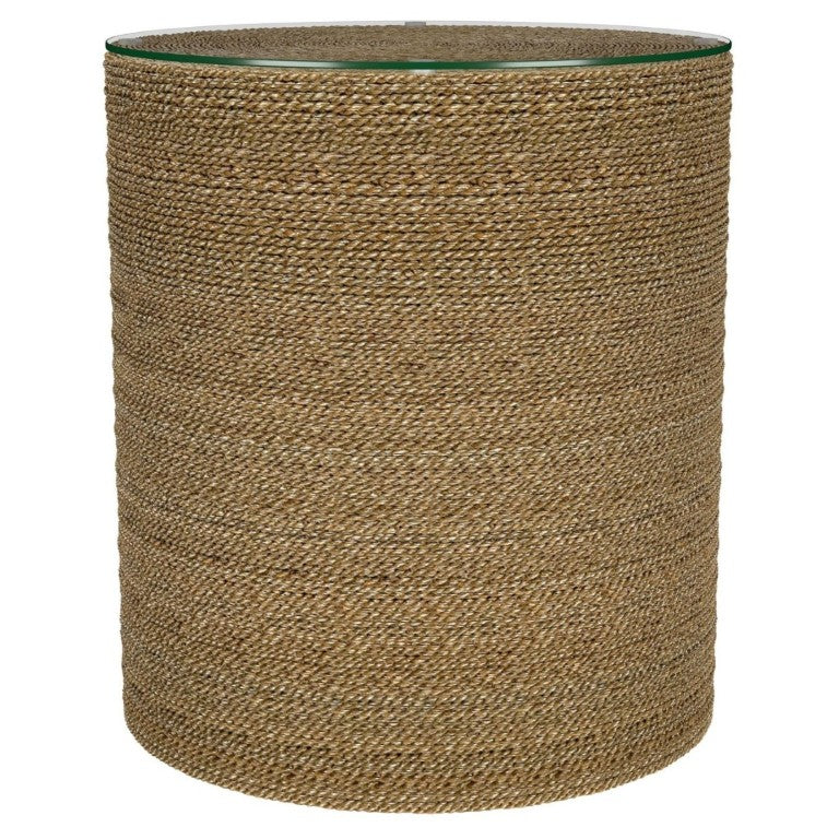 English Elm Burma Woven Seagrass Round Side Table with Tempered Glass Top Bohemian Accent B2777P535939