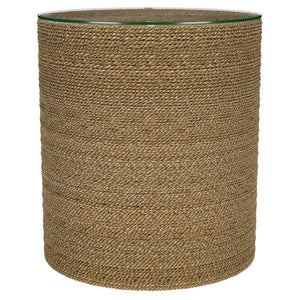 English Elm Burma Woven Seagrass Round Side Table with Tempered Glass Top Bohemian Accent B2777P535939