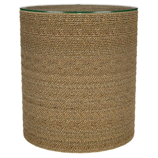 English Elm Burma Woven Seagrass Round Side Table with Tempered Glass Top Bohemian Accent B2777P535939