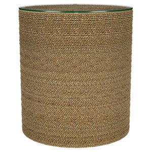 English Elm Burma Woven Seagrass Round Side Table with Tempered Glass Top Bohemian Accent B2777P535939