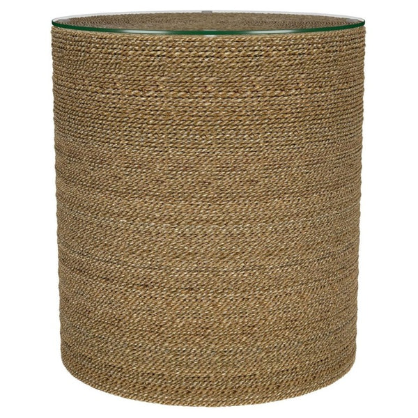 English Elm Burma Woven Seagrass Round Side Table with Tempered Glass Top Bohemian Accent B2777P535939
