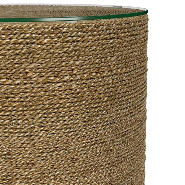 English Elm Burma Woven Seagrass Round Side Table with Tempered Glass Top Bohemian Accent B2777P535939