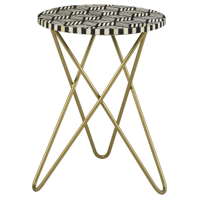 English Elm Black Bone Mosaic Round Accent Table with Gold Hairpin Tripod Base for Modern Interiors B2777P535942