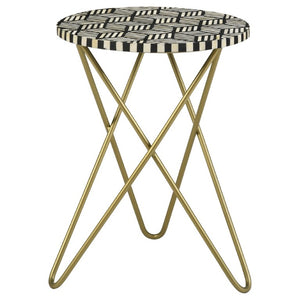 English Elm Black Bone Mosaic Round Accent Table with Gold Hairpin Tripod Base for Modern Interiors B2777P535942