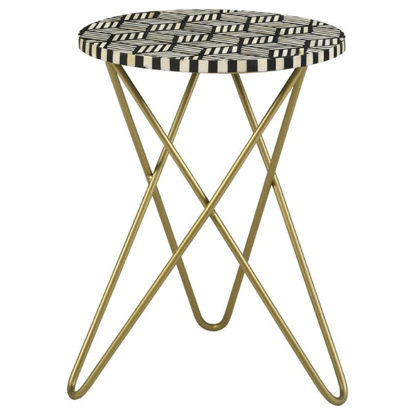 English Elm Black Bone Mosaic Round Accent Table with Gold Hairpin Tripod Base for Modern Interiors B2777P535942