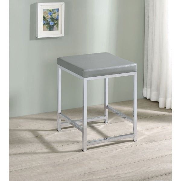 English Elm Light Grey Leatherette Square Vanity Stool with Chrome Base for Bedroom or Entryway B2777P535943