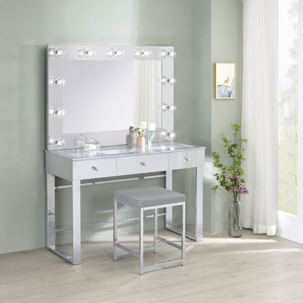 English Elm Light Grey Leatherette Square Vanity Stool with Chrome Base for Bedroom or Entryway B2777P535943