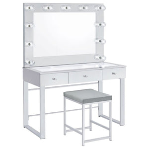 English Elm Light Grey Leatherette Square Vanity Stool with Chrome Base for Bedroom or Entryway B2777P535943