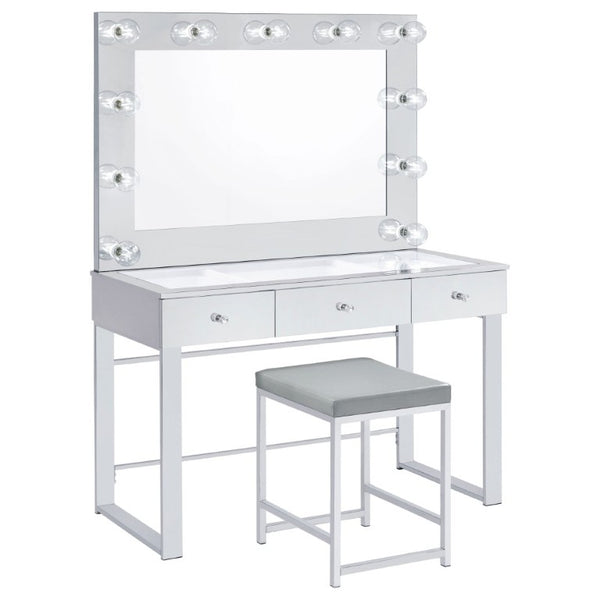 English Elm Light Grey Leatherette Square Vanity Stool with Chrome Base for Bedroom or Entryway B2777P535943