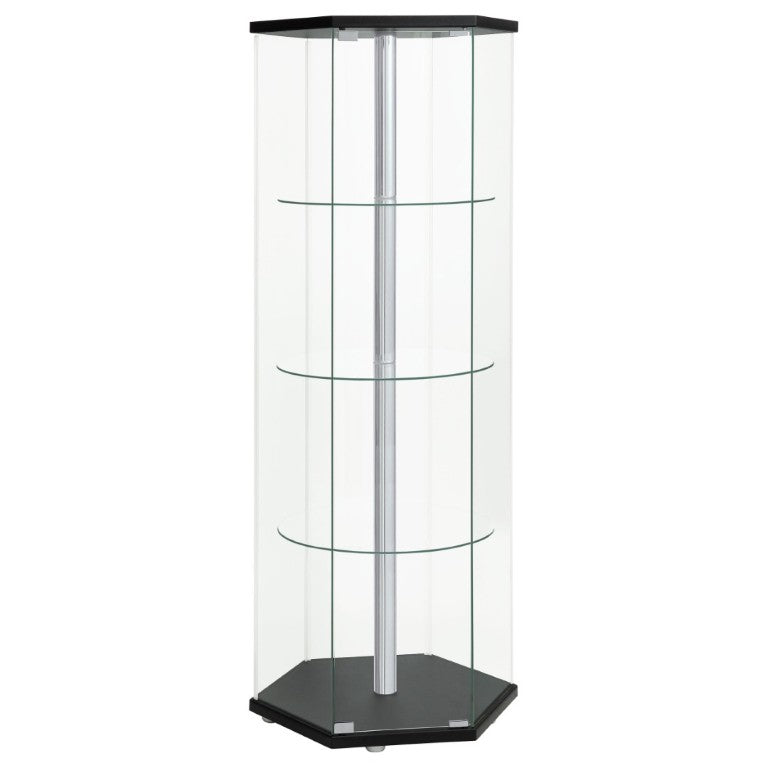 English Elm Tenley Hexagonal Curio Cabinet Four Glass Shelves Black Chrome Contemporary Display B2777P535945