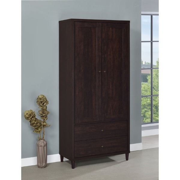 English Elm Nestor Tall Storage Cabinet Rustic Tobacco Finish Brass Hardware Two Drawers B2777P535947