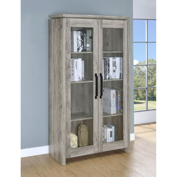 English Elm Myerson Tall Glass Door Storage Cabinet Driftwood Finish Adjustable Shelves Entryway B2777P535948