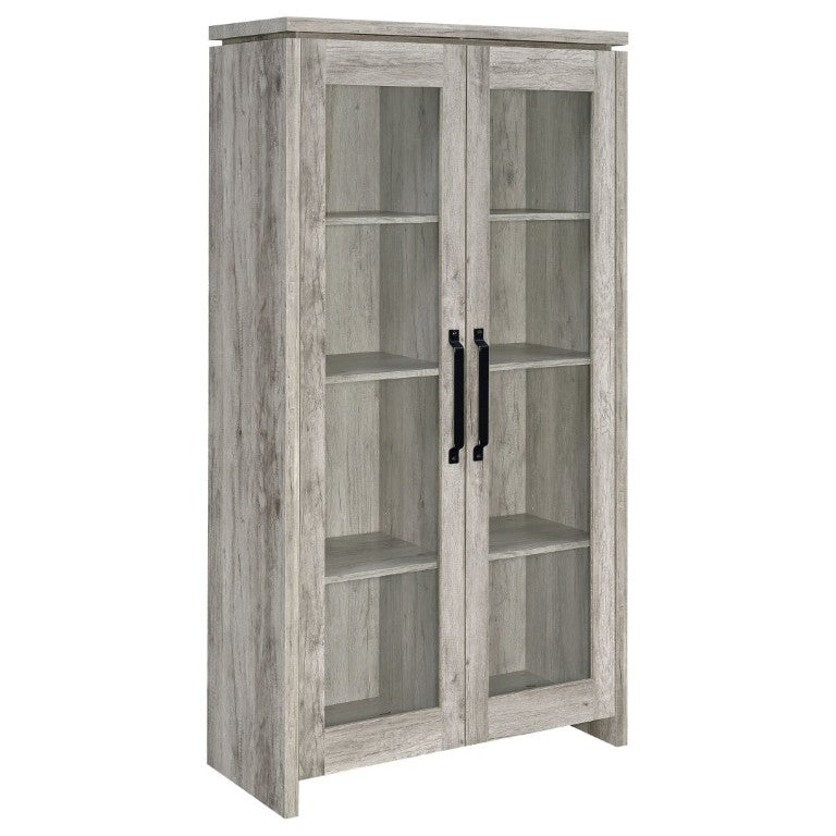 English Elm Myerson Tall Glass Door Storage Cabinet Driftwood Finish Adjustable Shelves Entryway B2777P535948