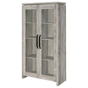 English Elm Myerson Tall Glass Door Storage Cabinet Driftwood Finish Adjustable Shelves Entryway B2777P535948