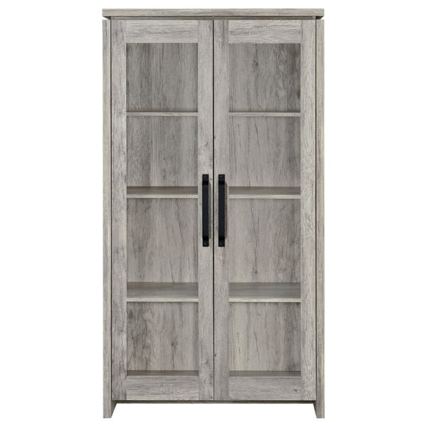 English Elm Myerson Tall Glass Door Storage Cabinet Driftwood Finish Adjustable Shelves Entryway B2777P535948