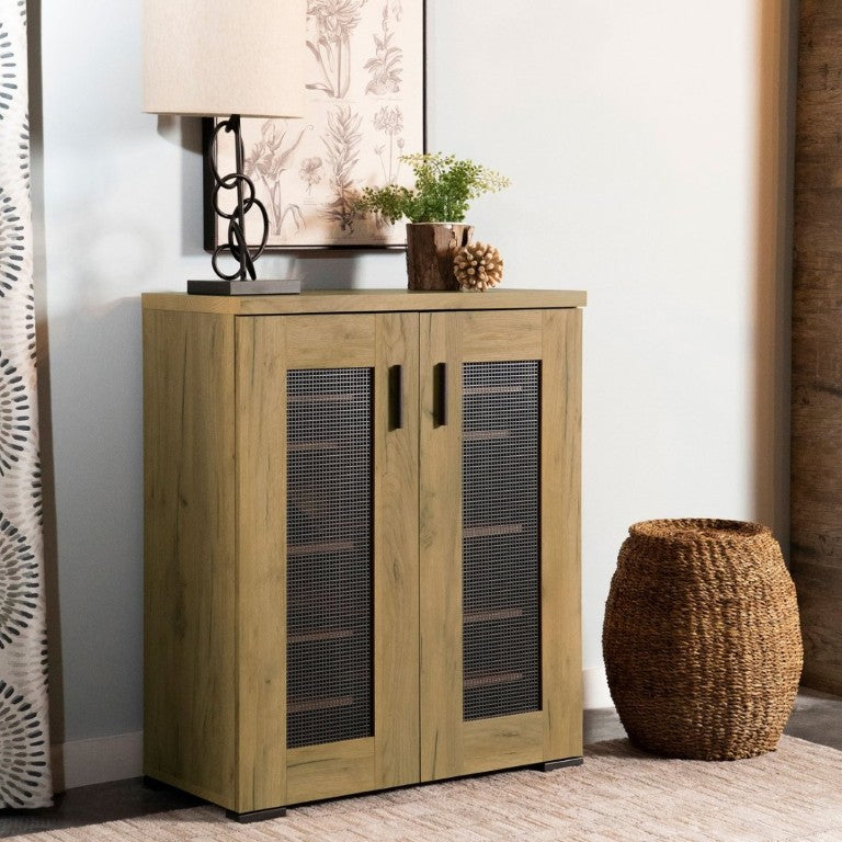 English Elm Golden Oak Two Tone Accent Cabinet with Black Metal Mesh Doors for Entryway Storage B2777P535949
