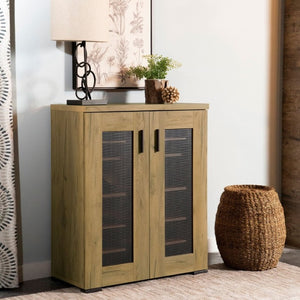 English Elm Golden Oak Two Tone Accent Cabinet with Black Metal Mesh Doors for Entryway Storage B2777P535949