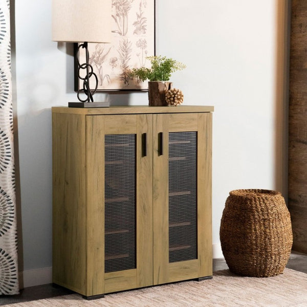 English Elm Golden Oak Two Tone Accent Cabinet with Black Metal Mesh Doors for Entryway Storage B2777P535949