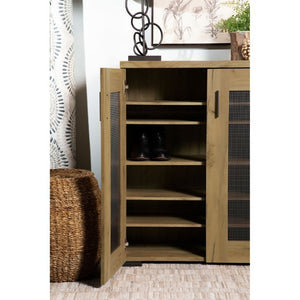 English Elm Golden Oak Two Tone Accent Cabinet with Black Metal Mesh Doors for Entryway Storage B2777P535949