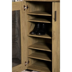 English Elm Golden Oak Two Tone Accent Cabinet with Black Metal Mesh Doors for Entryway Storage B2777P535949