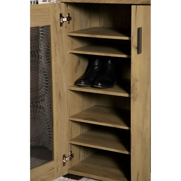 English Elm Golden Oak Two Tone Accent Cabinet with Black Metal Mesh Doors for Entryway Storage B2777P535949