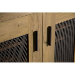 English Elm Golden Oak Two Tone Accent Cabinet with Black Metal Mesh Doors for Entryway Storage B2777P535949