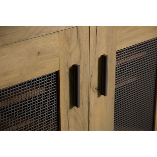 English Elm Golden Oak Two Tone Accent Cabinet with Black Metal Mesh Doors for Entryway Storage B2777P535949