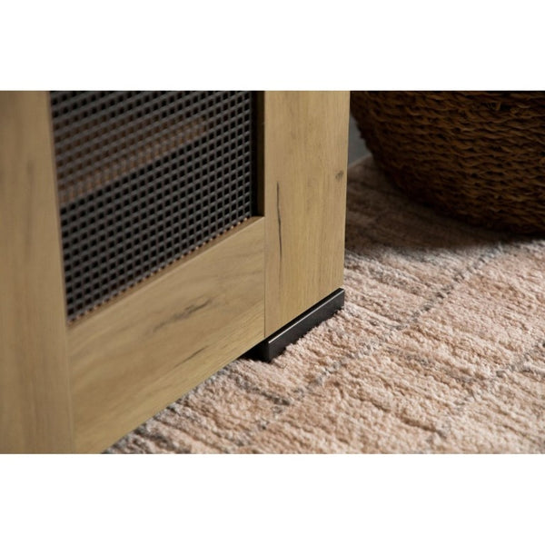 English Elm Golden Oak Two Tone Accent Cabinet with Black Metal Mesh Doors for Entryway Storage B2777P535949