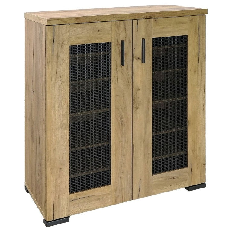 English Elm Golden Oak Two Tone Accent Cabinet with Black Metal Mesh Doors for Entryway Storage B2777P535949