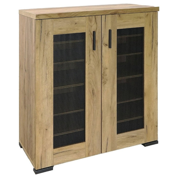 English Elm Golden Oak Two Tone Accent Cabinet with Black Metal Mesh Doors for Entryway Storage B2777P535949