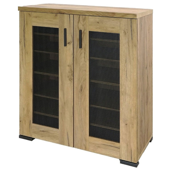 English Elm Golden Oak Two Tone Accent Cabinet with Black Metal Mesh Doors for Entryway Storage B2777P535949