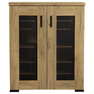 English Elm Golden Oak Two Tone Accent Cabinet with Black Metal Mesh Doors for Entryway Storage B2777P535949