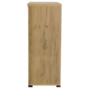 English Elm Golden Oak Two Tone Accent Cabinet with Black Metal Mesh Doors for Entryway Storage B2777P535949