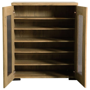 English Elm Golden Oak Two Tone Accent Cabinet with Black Metal Mesh Doors for Entryway Storage B2777P535949