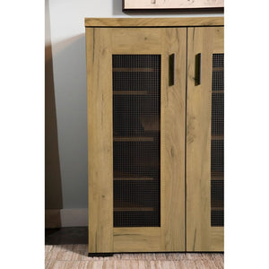 English Elm Golden Oak Two Tone Accent Cabinet with Black Metal Mesh Doors for Entryway Storage B2777P535949