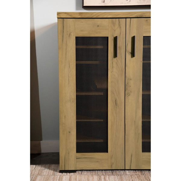 English Elm Golden Oak Two Tone Accent Cabinet with Black Metal Mesh Doors for Entryway Storage B2777P535949