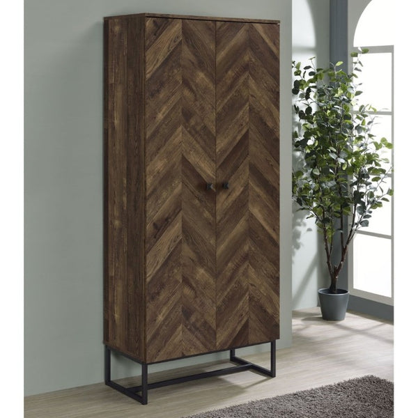 English Elm Gunderson Herringbone Oak Tall Accent Cabinet with Gunmetal Steel Base 8 Shelves B2777P535950