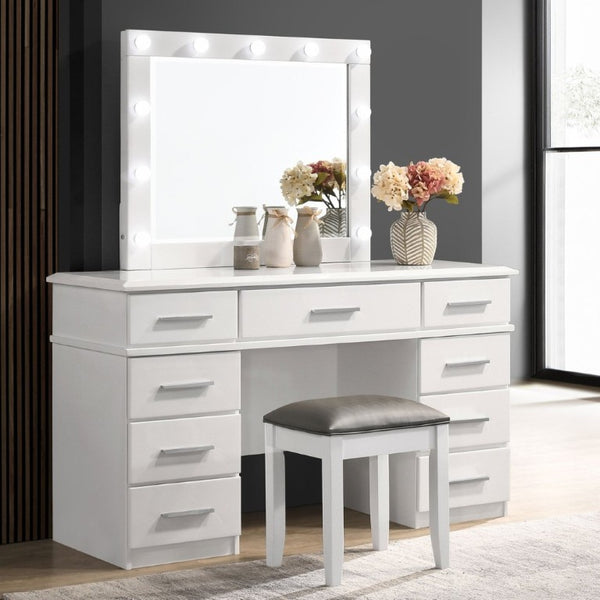 English Elm Glossy White Rubberwood Vanity Stool with Metallic Leatherette Padded Seat Bedroom B2777P535975