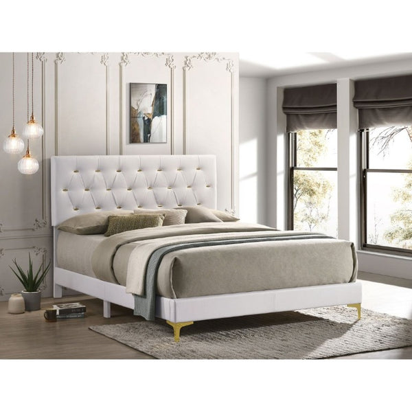 English Elm James White Leatherette Queen Bed Tufted Headboard with Gold Button Glam Accents B2777P535990