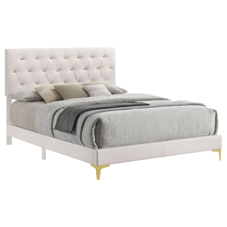 English Elm James White Leatherette Queen Bed Tufted Headboard with Gold Button Glam Accents B2777P535990