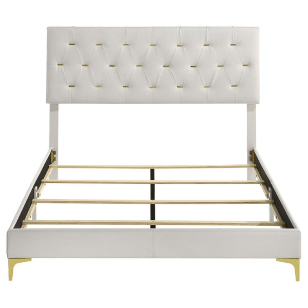 English Elm James White Leatherette Queen Bed Tufted Headboard with Gold Button Glam Accents B2777P535990