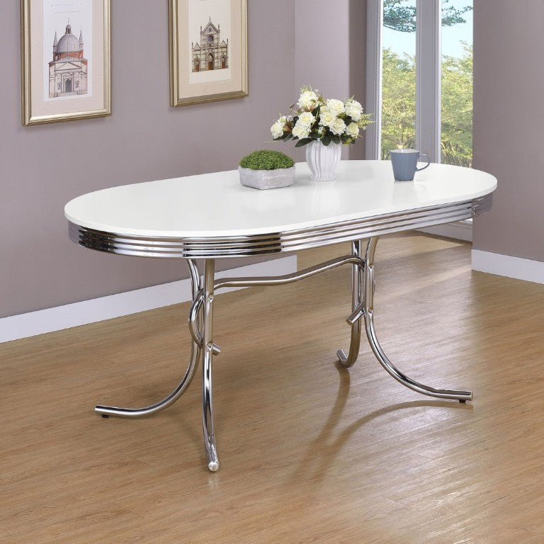 English Elm White Oval Dining Table with Chrome Legs Retro Diner Style Seats Four Comfortably B2777P536398