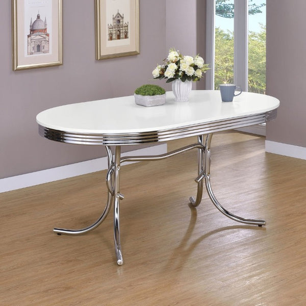 English Elm White Oval Dining Table with Chrome Legs Retro Diner Style Seats Four Comfortably B2777P536398
